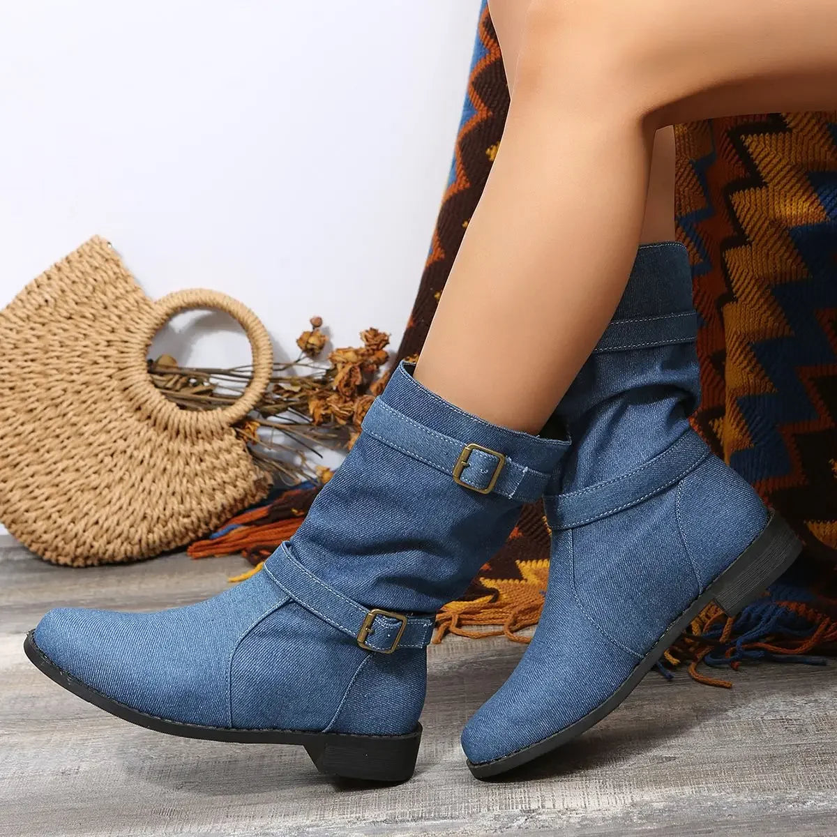 Denim Buckle Boots