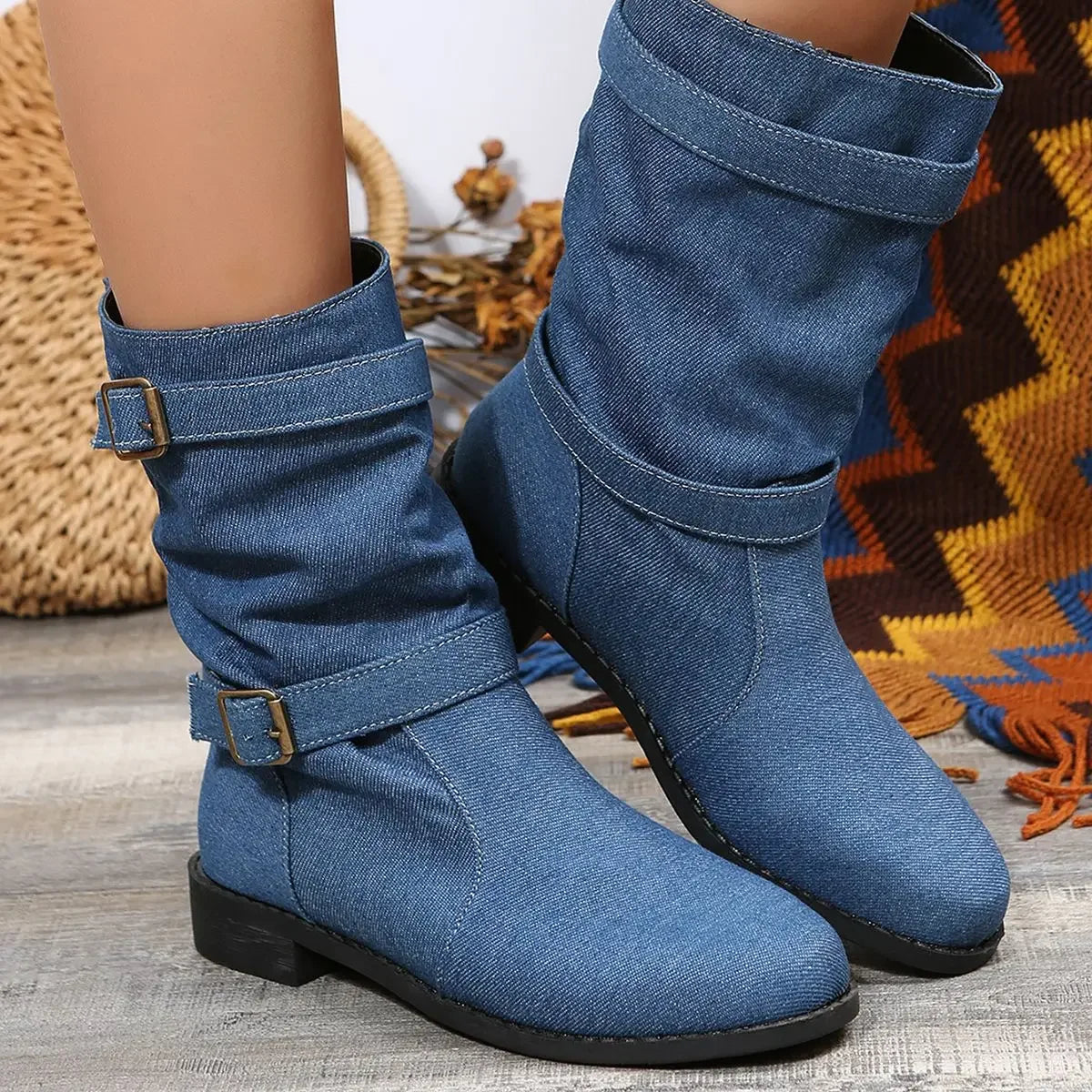 Denim Buckle Boots