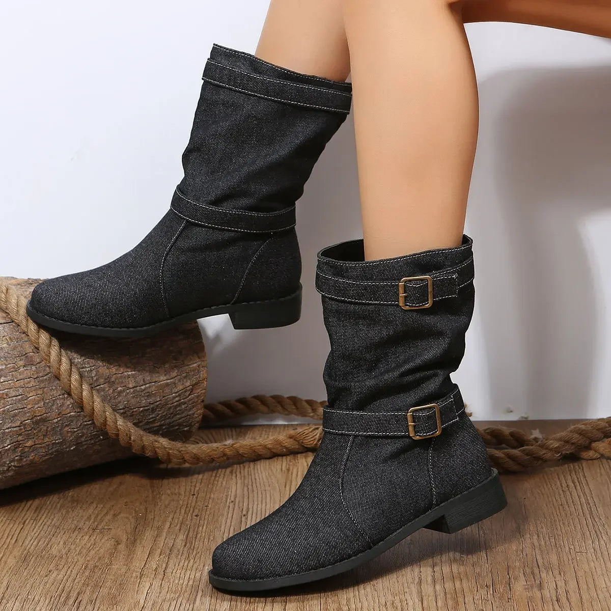Denim Buckle Boots