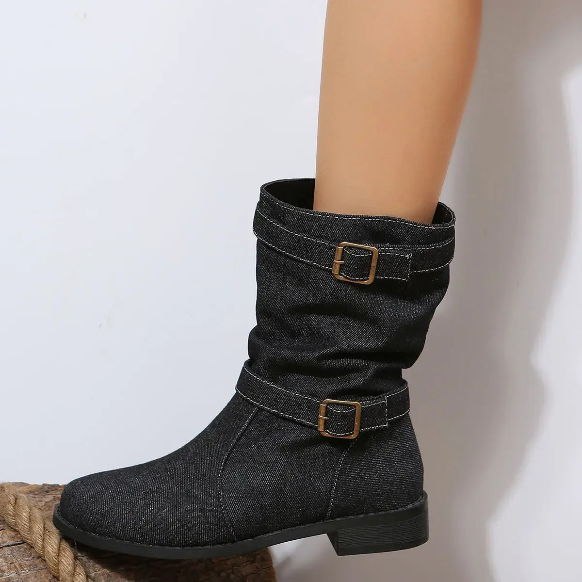 Denim Buckle Boots