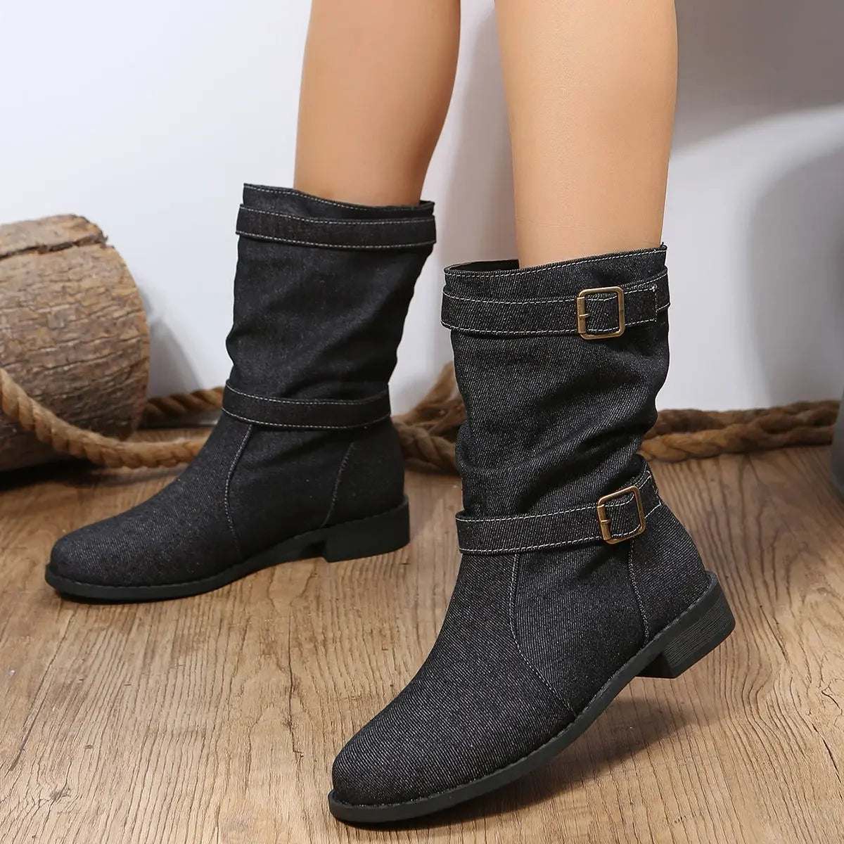 Denim Buckle Boots