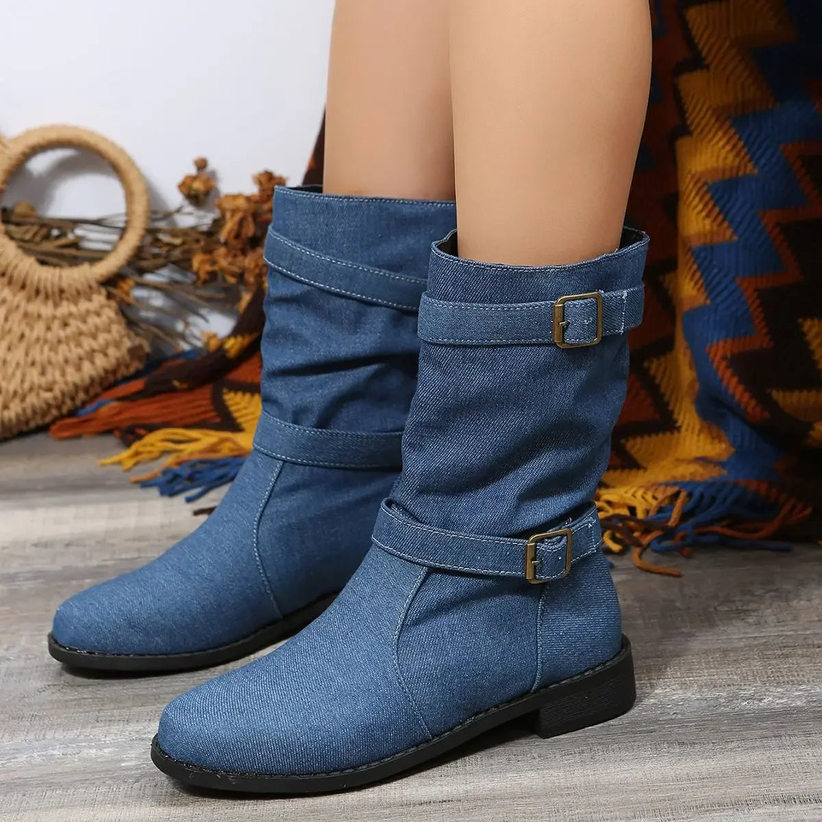 Denim Buckle Boots