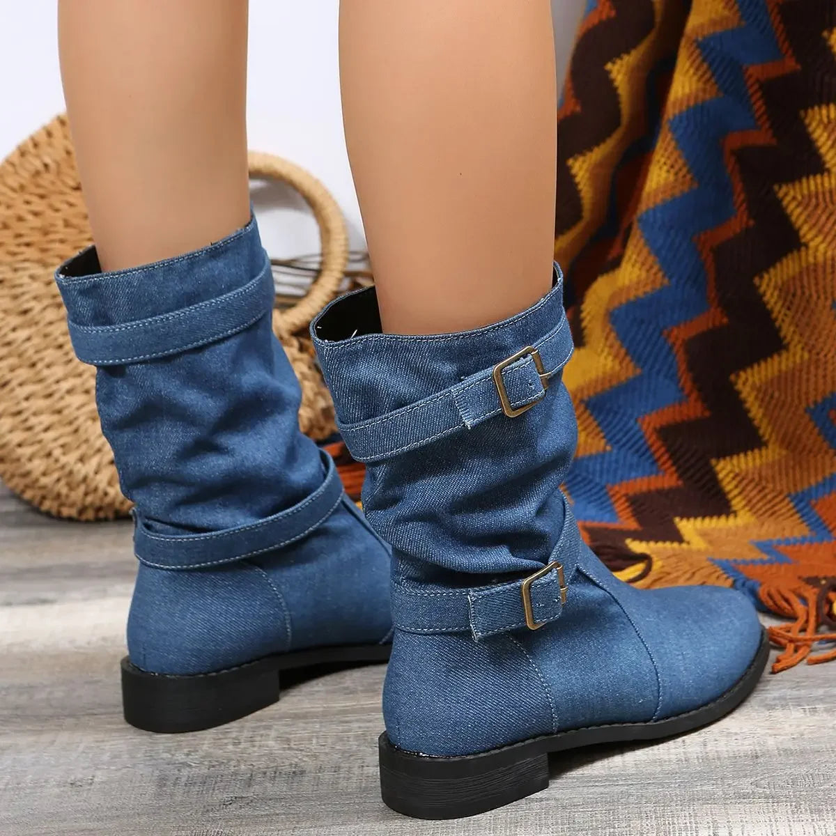 Denim Buckle Boots