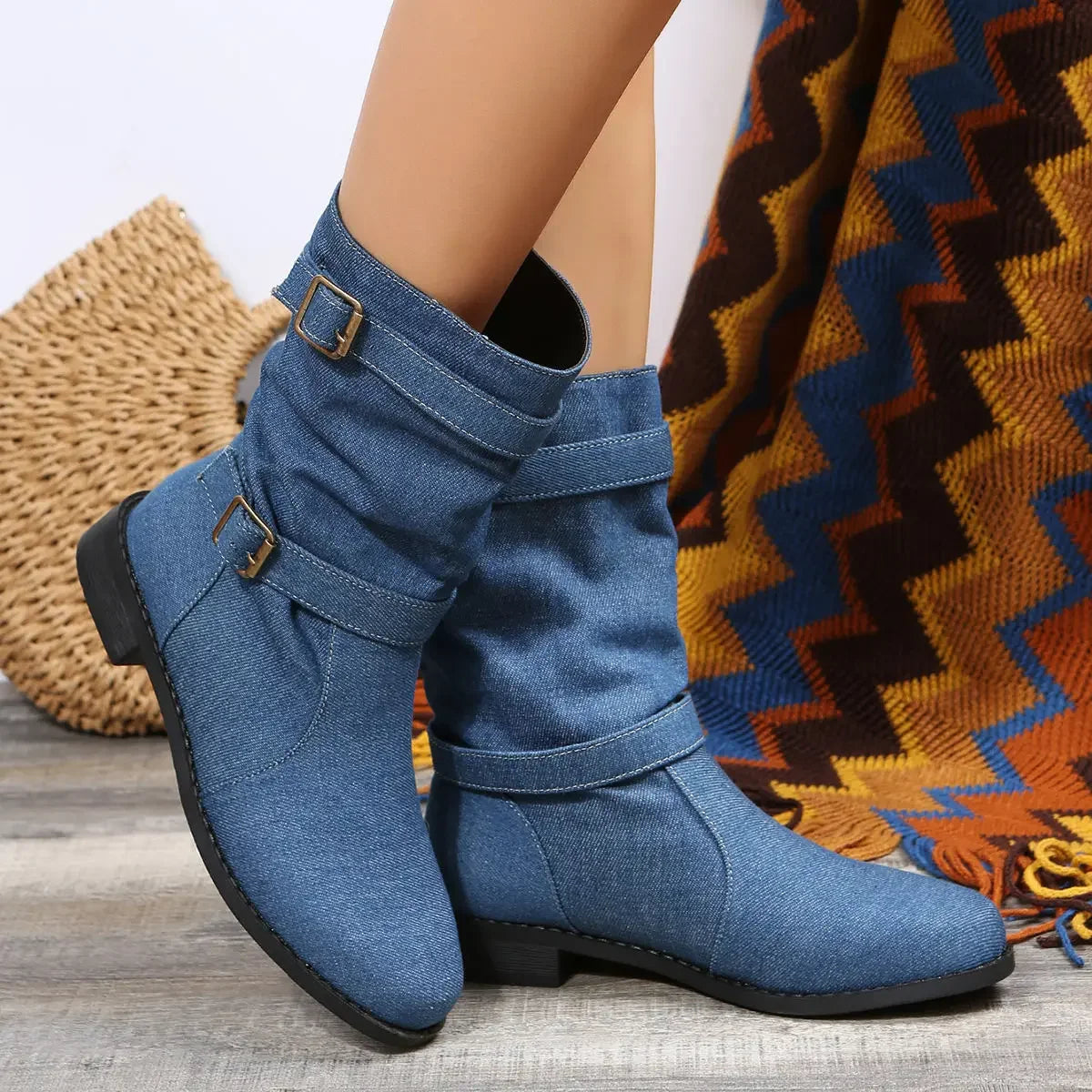 Denim Buckle Boots