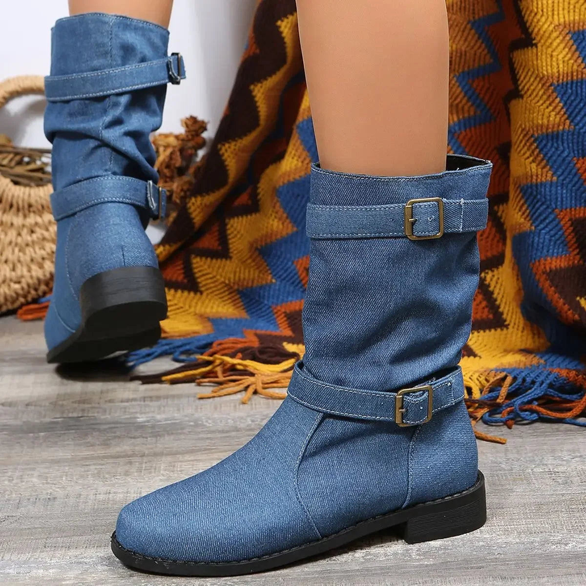 Denim Buckle Boots