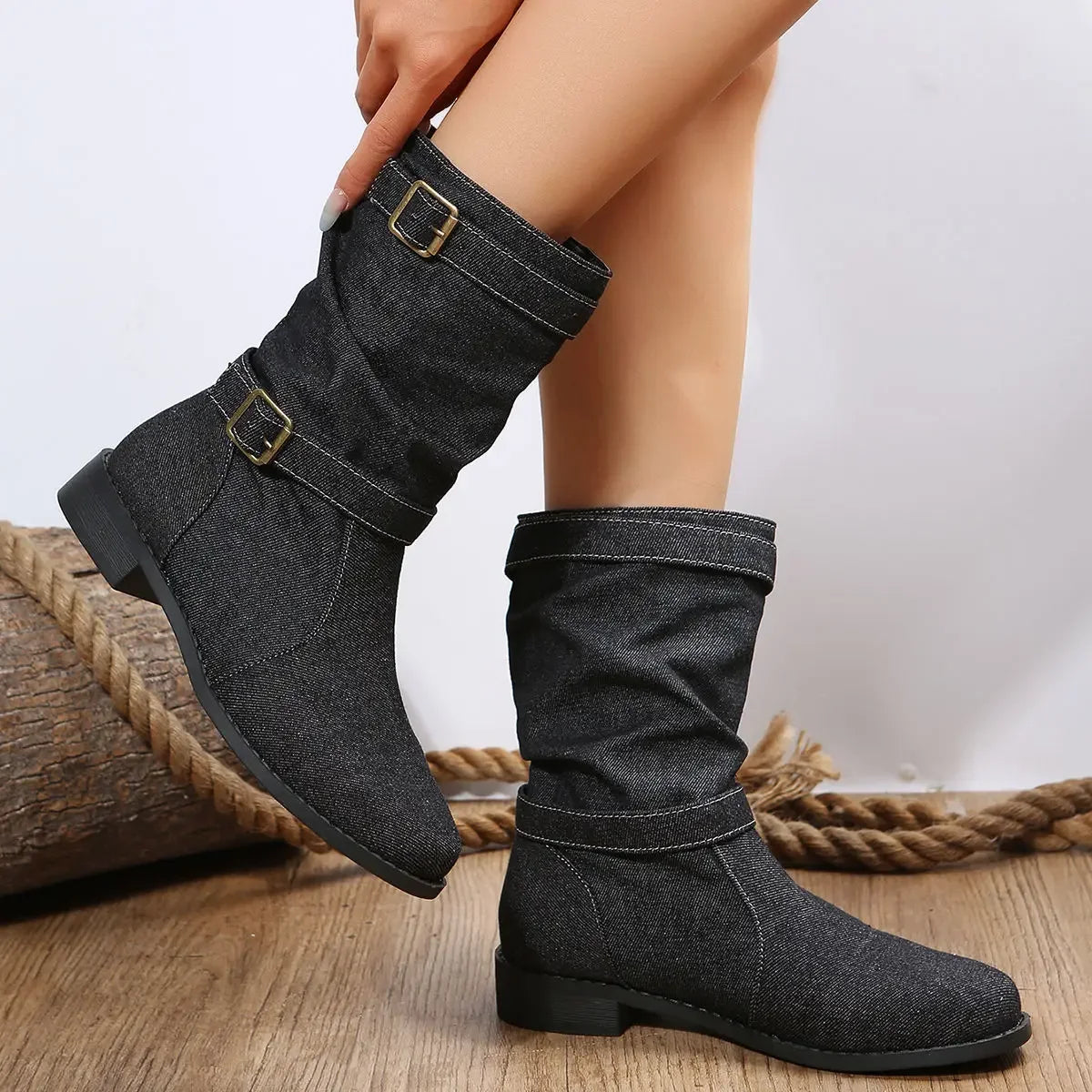 Denim Buckle Boots