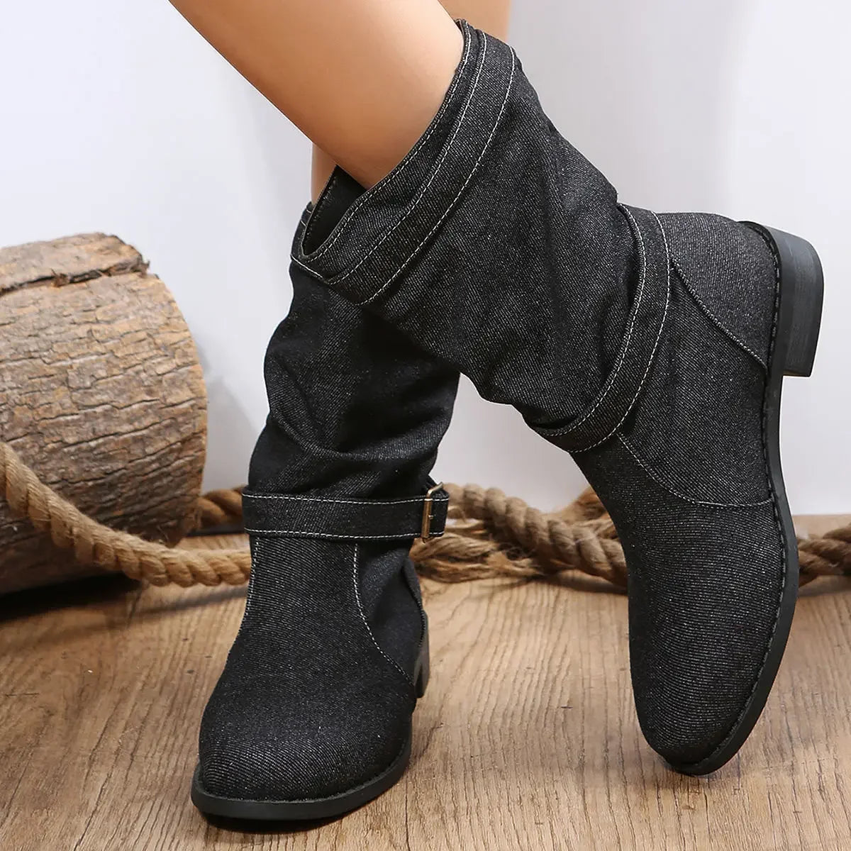 Denim Buckle Boots