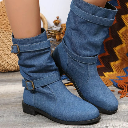 Denim Buckle Boots