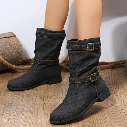 Denim Buckle Boots
